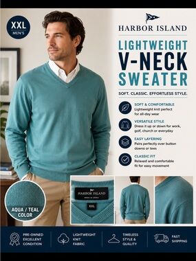 Harbor Island Men’s V-Neck Sweater XXL Aqua/Teal